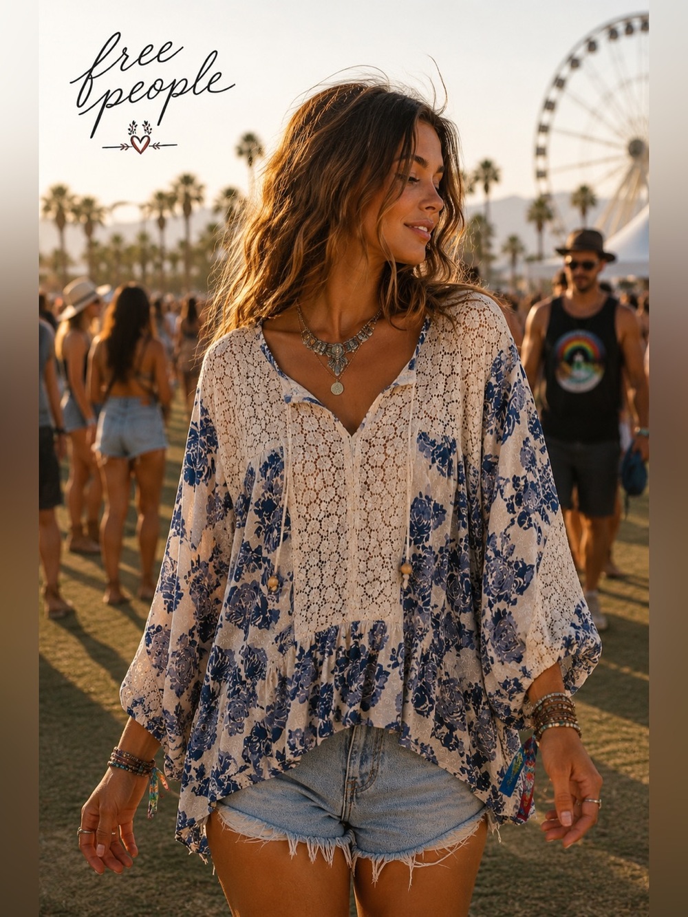 Free People Moon River Peasant Blouse Medium Blue Floral Lace Boho Tunic Top A2 - Picture 3 of 14